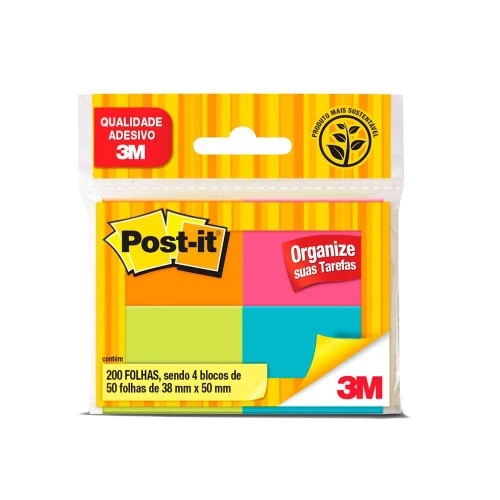 Bloco Post It 653 Neon 3M 4 blocos c/50 FLS Bloco Post It 653 Neon 3M 4 blocos c/50 FLS