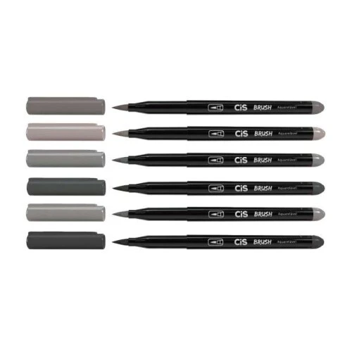 Caneta Pincel Dual Brush 6 Tons de Cinza Aquarelável com 6 - Cis