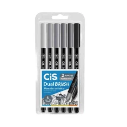 Caneta Pincel Dual Brush 6 Tons de Cinza Aquarelável com 6 - Cis