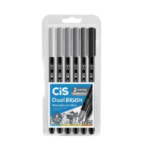 Caneta Pincel Dual Brush 6 Tons de Cinza Aquarelável com 6 - Cis
