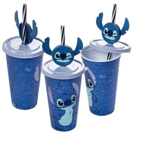 Copo Plastico com Tampa e Canudo Topper Angel 500ml Stitch - Plasútil
