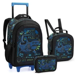 Kit Mochila Com Roda Tubarão 3 peças - Seanite