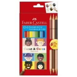 Lápis de Cor Caras e Cores Faber Castell com 12 Cores + 3 Bicolor Tom de Pele.