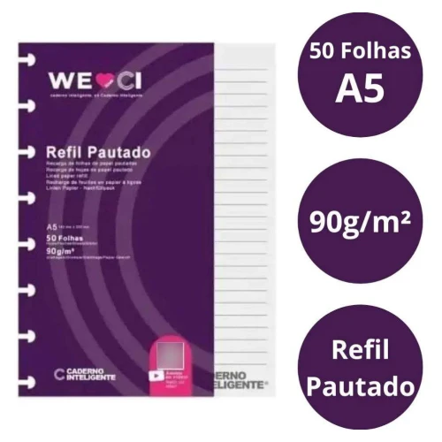Refil Pautado Inteligente A5 90g/m² 90 Folhas Refil Pautado Inteligente A5 90g/m² 90 Folhas